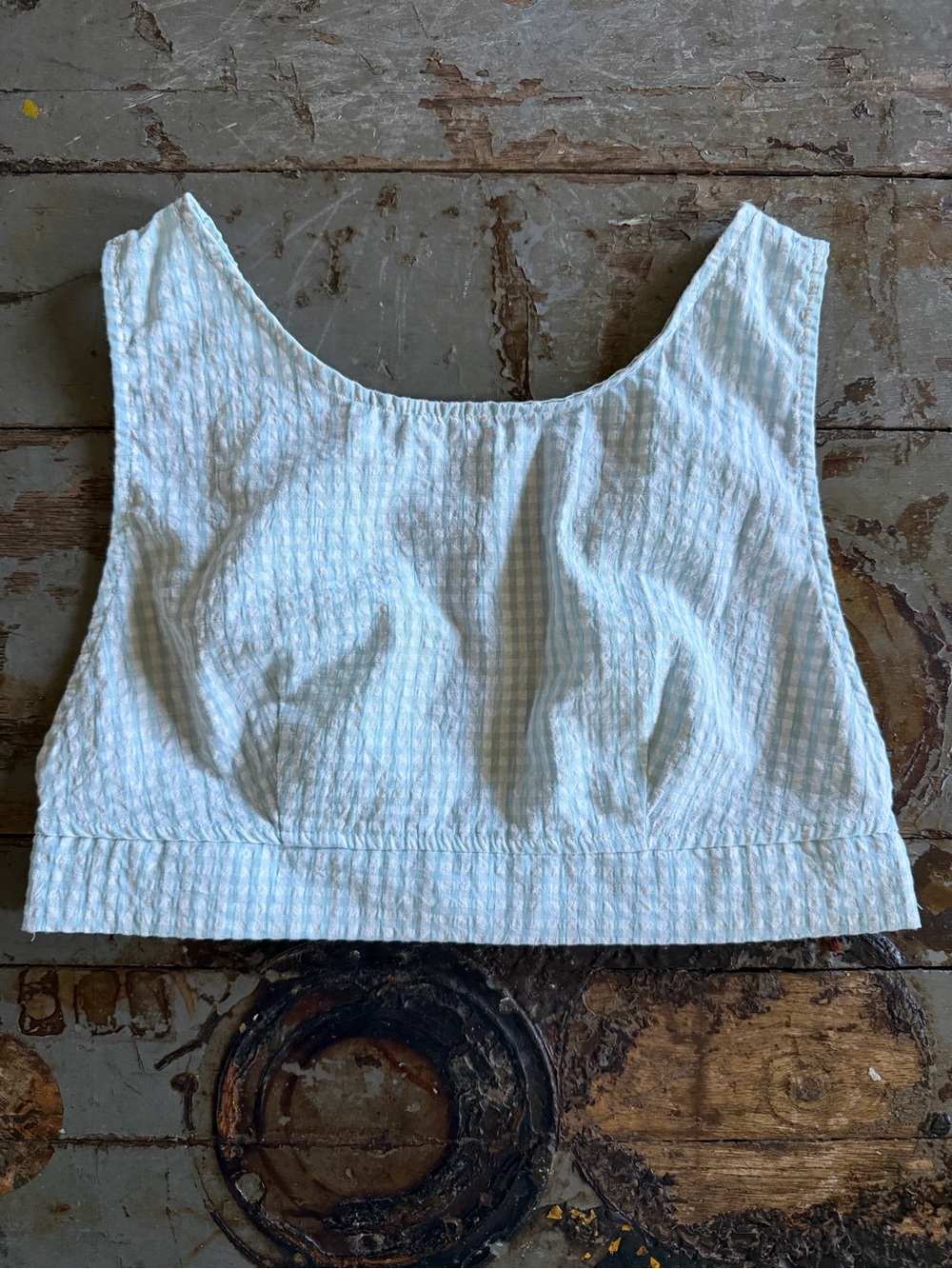 Women's Light Blue Seersucker Crop Top with Open Back/2 Large Straps